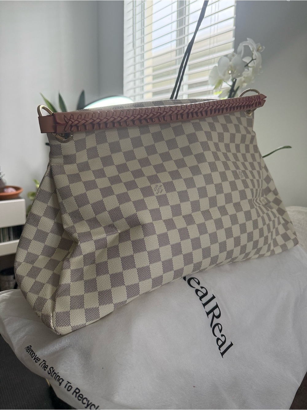 LV Monogram Cream and Brown Checkered  Bag with Braided handle.